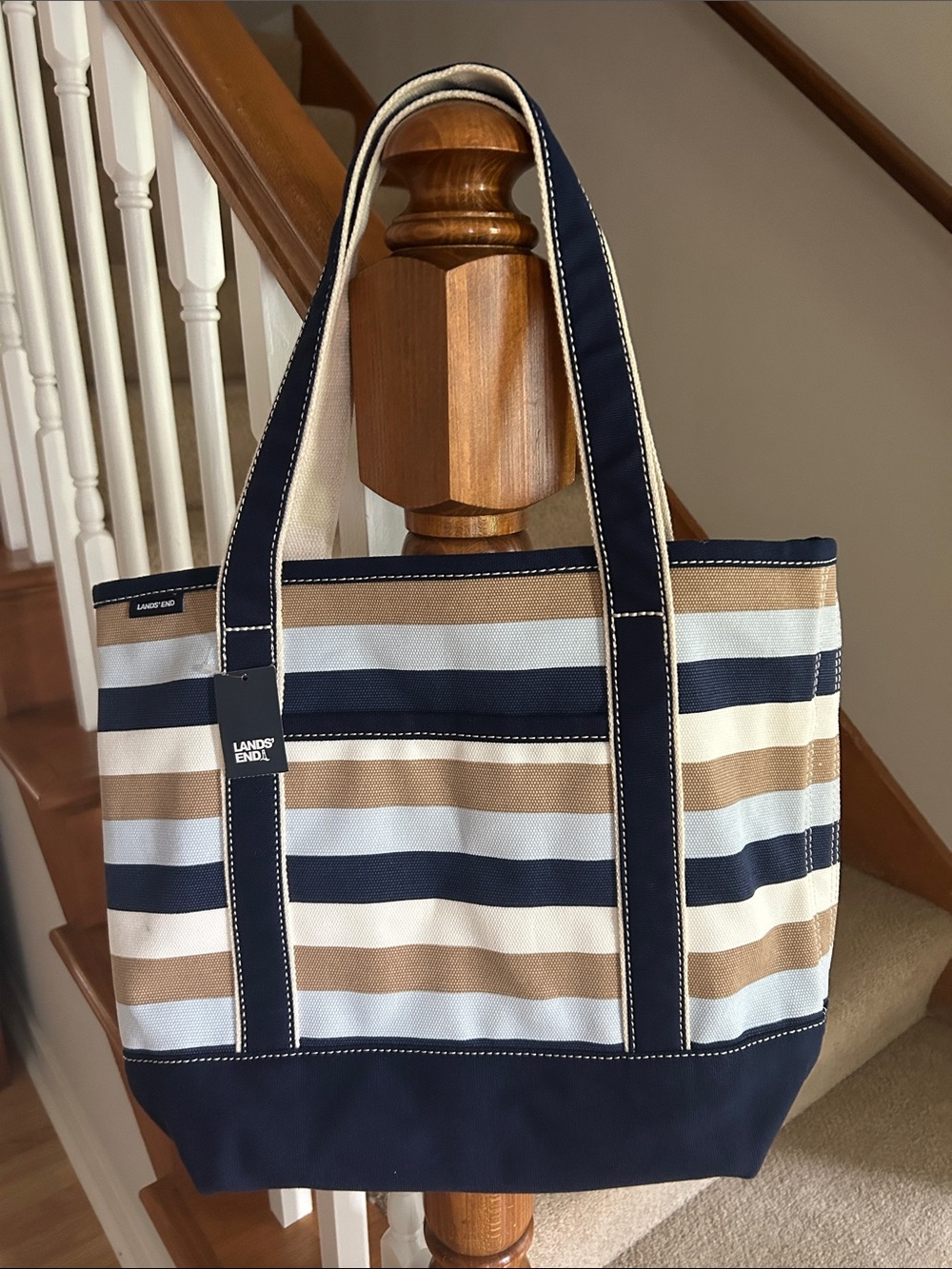 NWT Lands' End Navy, Tan & White Striped Canvas Tote